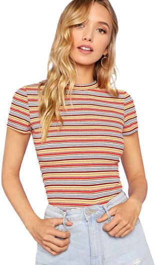 Casual Multi Striped Ribbed Short Sleeve Tee Knit Top