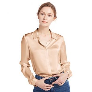 100 Silk Blouse Long Sleeve Lady Shirt 22 Momme Charmeuse Silk Light Camel M/8-10