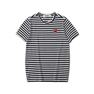 MICH Hey PLAYT Men's and Women's Couple Short Sleeve Love Round Neck Striped Cotton T-Shirt Black