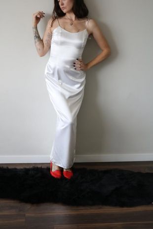 Gunne Sax Cocktail Maxi | Années 90 Jessica McClintock 7 8 satin soie ivoire crème diamanté épaule spaghetti strap princesse couture long bal formel