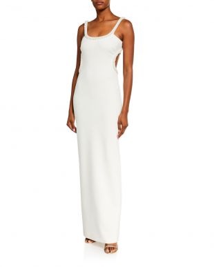 Enzo Pearl-Trim Scoop-Neck Cutout-Back Gown