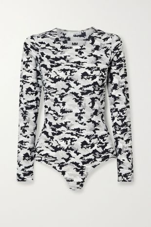 Gray Camouflage-print stretch-jersey thong bodysuit