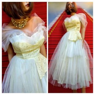 vintage années 1950 robe de bal bustier, robe de mariée des années 50, tulle blanc et dentelle ivoire