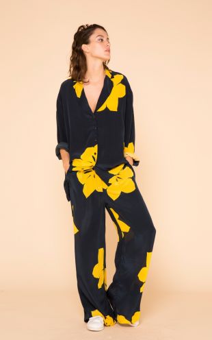 Pantalon Gaby Huvi papoha marine fleurs jaunes