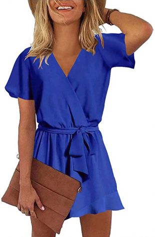Womens Summer V Neck Ruffles Short Sleeve Belted Wrap Short Jumpsuit Rompers Royal Blue Small