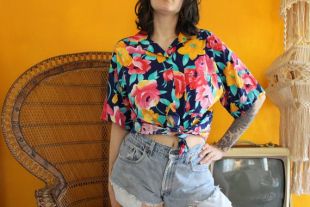 vintage années 80 ' s - bouton imprimé floral des années 90 en bas du haut | taille L/XL | chemise à col floral | bouton floral jaune rose vers le haut | tee-shirt d’été hawaïen