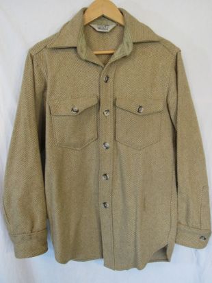 Woolrich Heavy Wool Blend Tan et Cream Thin Striped Shirt Men’s Chest Across 21"