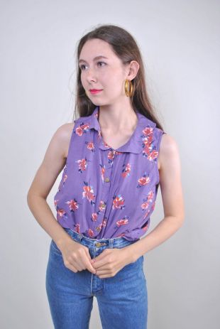 Blouse violette sans manches des années 80 avec imprimé fleurs, Taille M
