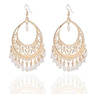 Bohemian Chandelier Coin Sequins Dangle Drop Earrings Ethnic Gypsy Beads Tassel Hoops with Disc Charms Boho Ear Jewelry Women (white beads)