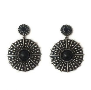 vintage Retro 80s Grey Black Dark Silver Round Dot Geometric Shapes Heavy Large Statement Door Knocker Stud Long Dangle Drop Earrings