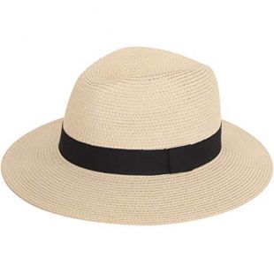 Wide Brim Straw Foldable Roll up Hat Fedora Summer Beach Sun Hat UPF50+ (A-Beige, Medium Size:Fit for 22.5"-23")