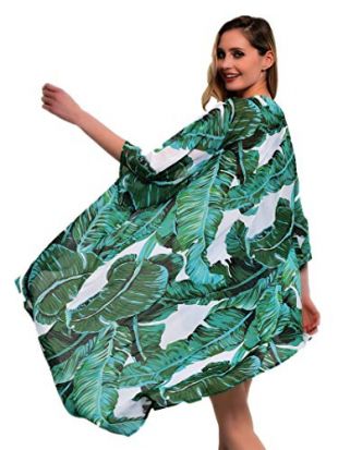 Soul Young Women's Floral Kimono Cardigan Swimsuit Beach Cover up with Open Front Dress Beachwear for Summer(M,Green Leaf)