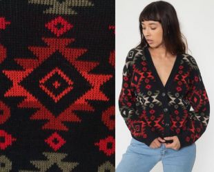 Southwestern Sweater Aztec Cardigan Boho 80s Knit Sweater Red 1980s vintage Southwest Hippie Boho Button Up Slouch Small