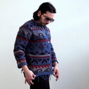 vintage Carole Little Sport Femmes Unisex Aztec Geometric Rug Style Tribal Meander Pattern Red Blue Purple Cardigan Sweater