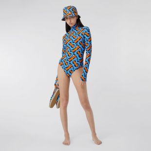 Monogram Print Stretch Nylon Turtleneck Bodysuit in Bright Cobalt - Women | Burberry United States