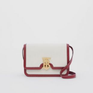 Small Two-tone Canvas and Leather TB Bag in Natural/dark Carmine