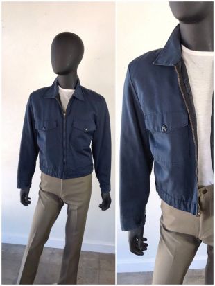 vintage Navy Blue Workwear Bomber Jacket / National Uniform 500 Quilted Zip-Up Utility Jacket / USA Made