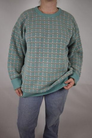 Vintage Block Print Blue Tan Blanc Oversized Knit Sweater Taille/ 2XL Tall