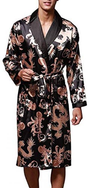 Satin Robe Silk Long Sleeve Kimono Bathrobe Sleepwear Loungewear Black