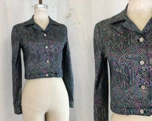 vintage 90s Metallic Oil Slick Snake Print Cropped Button Up sz S - M