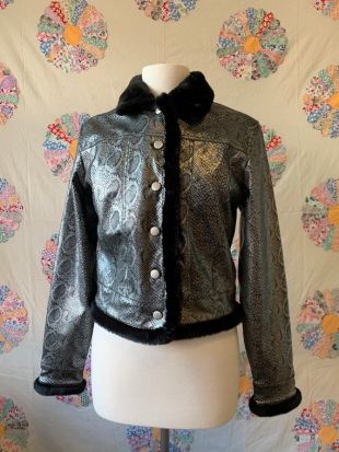 1990s Misdemeanor Silver Snake Skin and Faux Fur Vegan Leather Cropped Jacket size Medium