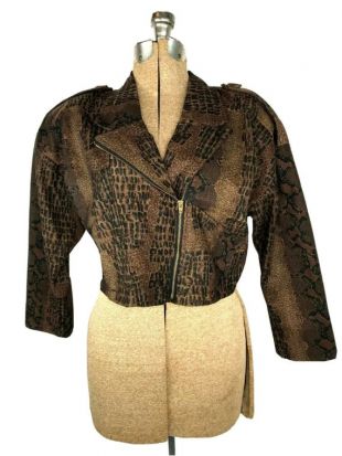 vintage des années 1980 Cropped Moto Jacket Womens Size Medium Snake Skin Print Animal Print Shoulder Pads Edgy Rayon Kelly Fashion Made in USA