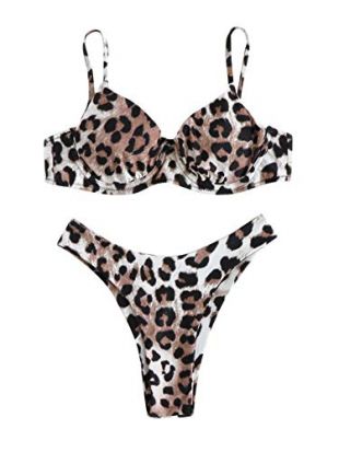 Women's Sexy Bathing Suits Spaghetti Strap Leopard Bikini Set Underwire Swimsuit Leopard Medium