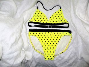 vintage 80s Bikini Maillot de bain OP Yellow Black Polka Dot Girls XL