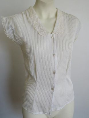 LIVRAISON GRATUITE - 50s 60s 70s? Chemisier côtelé à manches capuchon avec col en dentelle et manches taille environ Moyen