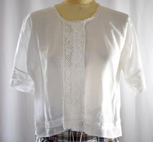 Antique Edwardian White Cotton Cropped Blouse With Wide Bobbin Lace Trim 42 Inch Bust