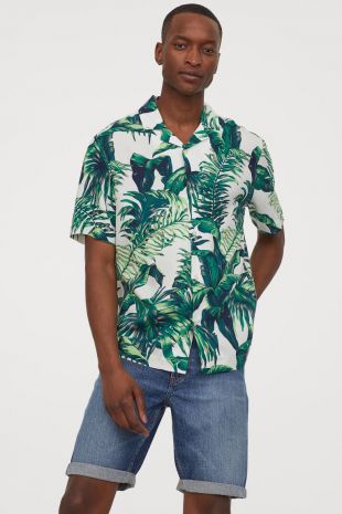 Chemise à col cubain - Blanc/motif