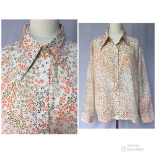 70's Floral Green Orange Light Cotton Mod Print Studio Blouse, Hipster Button Up Boho détroit Long Sleeve Romantic Off White Top M L
