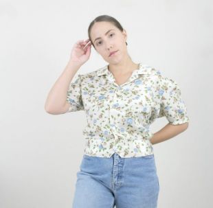 60s Ivoire Floral Button Down Blouse // vintage Short Sleeve White Gray Rose Short Sleeve Top // XL