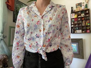 Med- LG 1970s Montgomery Ward Button Down Blouse White Floral Blouse