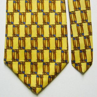 Vintage Brooks Brothers Geometric Equestrian Riding Boots Pattern Necktie -Pale Yellow, Browns - Blue Tie