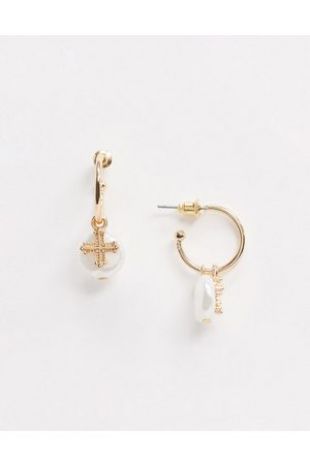 hoop earrings with faux freshwater pearl and cross charms in gold tone