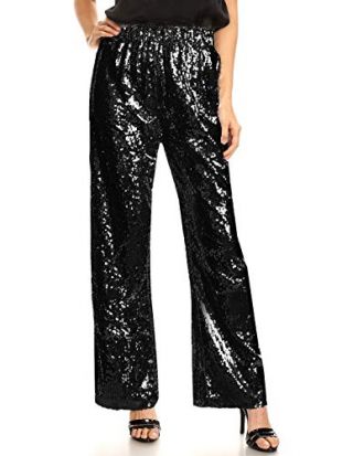 Women's Stretch Waist Sparkly Sequin 70's Disco Flare Wide Leg Pants, Black, Small