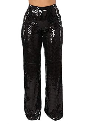 Women's Glitter Sequin High Waist Long Wide Leg Palazzo Pants Trousers Black X-Large