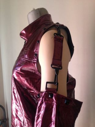 Extravagant 90s vintage motorcycle vinyl jacket in sparkling aubergine color and sexy dispatched sleeves