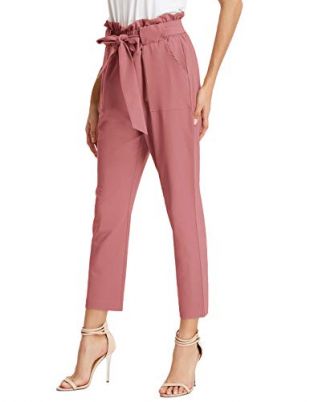 GRACE KARIN Women's Pants Trouser Slim Casual Cropped Paper Bag Waist Pants S Salmon Pink