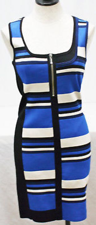 Nouveau Karen Millen Graphique Ã  Rayures Tricot Robe Bleu Noir Blanc Bandage Bodycon Sz 3  | eBay