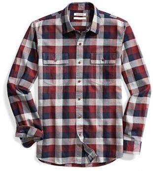 Amazon Brand - Goodthreads Men's Slim-Fit Long-Sleeve Plaid Herringbone Shirt, Navy Eclipse, Large