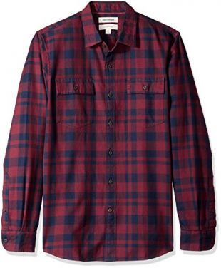 Amazon Brand - Goodthreads Men’s Slim-Fit Long-Sleeve Plaid Twill Shirt, Burgundy, X-Large