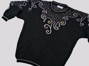 vintage des années 1990 Rose Women’s Black Silver Embellished Mockneck Knit Sweater Taille M-L