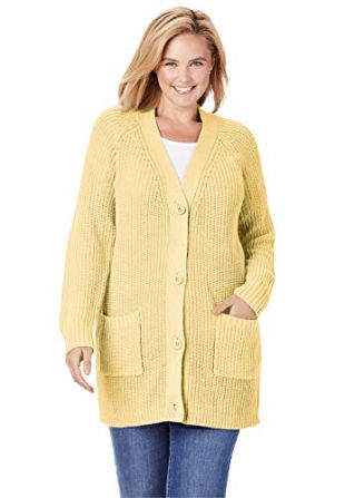 Woman Within Women's Plus Size Long-Sleeve Shaker Cardigan Sweater - 42/44, Banana