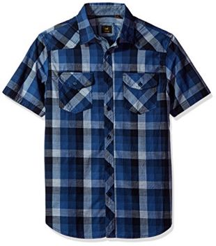 LEE Men's Cleff Shirt Plaid, Button Down and Short Sleeve, Navy, Large