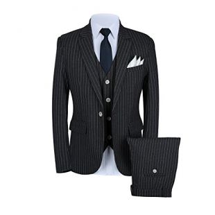 Mens Pinstripe Suit 3 Piece Slim Fit Casual Dress Suits Blazer+Vest+Pants US Size 42 (Label 5XL) Black