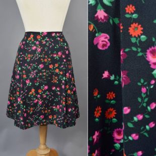 Années 1970 Noir, Rose - Orange Floral Jupe Short Knee Length A-Line Shape - vintage