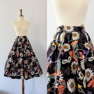 Jupe cercle vintage des années 1950/floral et papillon impression