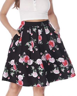 Women's Pleated Vintage High Waist Floral Print Midi Causal Skirt with Pockets (Black (Floral Printing), Medium)